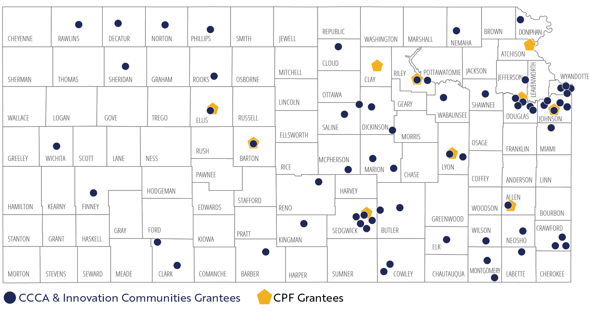 Kansas County Map with indicators of grantee locations